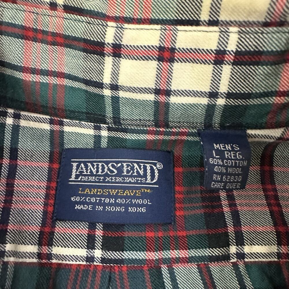 Lands End Mens Vintage 90s Plaid Shirt Size L Red Green Wool Cotton Blend - Picture 6 of 11